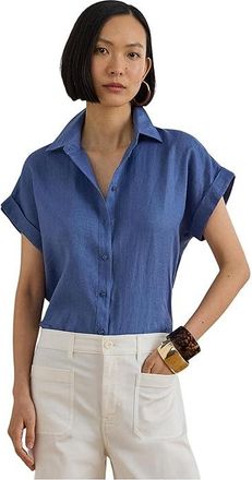 Lauren Ralph Lauren Petite Linen Short Sleeve Shirt Womens Clothing Carson Blue : PXS