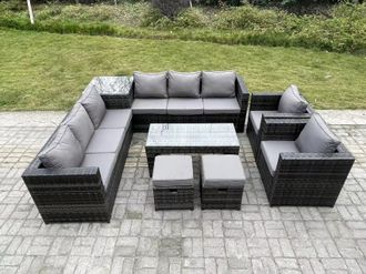Fimous 10 Seater Rattan Corner Sofa Set With Square Side Table & Oblong Rectangular Coffee Tea Table Arm Chair in Dark Grey