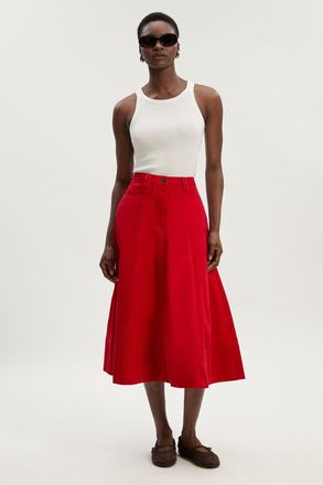 Karen Millen Womens Denim 5 Pocket Midi Skirt - Red Cotton - Size 14 UK