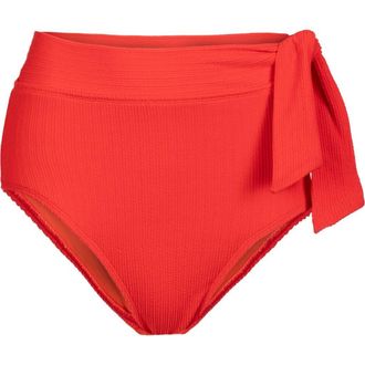 Change of Scenery Side Tie High Waist Textured Bikini Bottom with Full Coverage in Guava Red at Nordstrom, Size X-Small