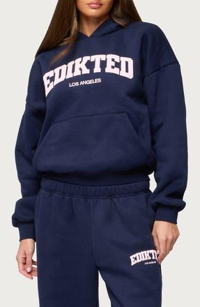 Edikted LA Logo Oversize Fleece Graphic Hoodie in Navy at Nordstrom, Size X-Small