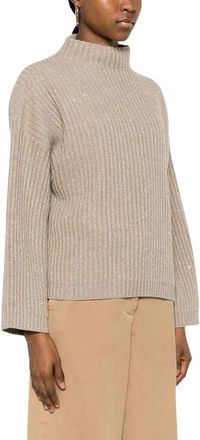 Brunello Cucinelli Geribbelde sweater met pailletten en hoge hals - Dames - Coltruien - Beige - M - Pailletten - Truien & Vesten