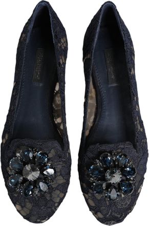 Dolce & Gabbana Womens Blue Taormina Lace Crystals Flats Shoes Viscose Cotton Nylon