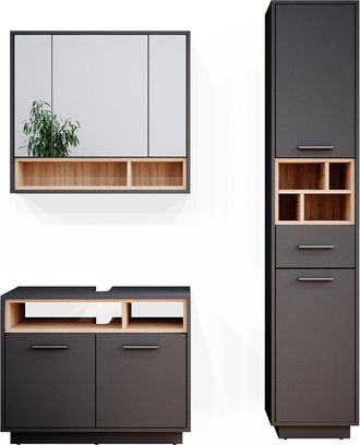 Vicco Conjunto De Muebles De Ba&ntilde;o Beatrice, Antracita, 3 Partes, Con Mueble Alto