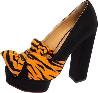 Charlotte Olympia Black/orange Zebra Print Satin Dolly Bow Pumps