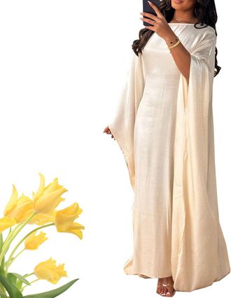 Generic Butterfly Abaya Dress for Women, Solid Color Eid Satin Batwing Sleeve, Summer Satin Solid Color Abaya Dresses (Apricot,One Size)