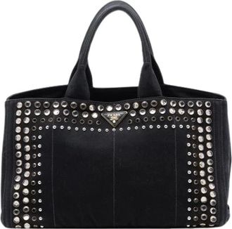 Prada Pre-owned Tote Bags, female, Black, Size: ONE SIZE Pre-owned Studded Canvas Satchel