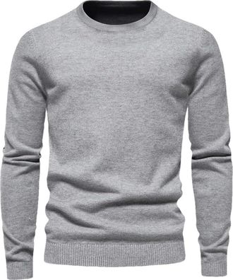 Generic Mens Thickened Round Neck Solid Color Long Sleeve Warm Slim Sweater Light Gray S
