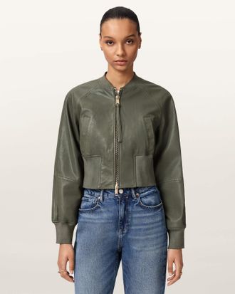 AllSaints Leather Suri Cropped Leather Bomber Jacket, Size: UK 14/US 10