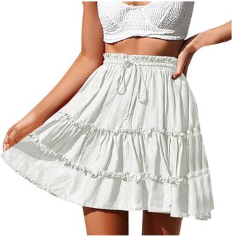 Generic Women Ruffled Mini Skirt Flared A-line Skirt Summer Casual High Waist Beach Skirt Elastic Waist Skirts Cute Pleated Short Skirts for Holiday Party Spo