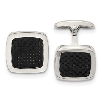 Diamond2Deal Stainless Steel Polished Black Carbon Fiber Inlay Rounded Square Cufflinks