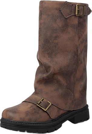 Generic Womens Mid Calf Boots Chunky Heel Ankle Boots Round Toe Square Buckle Casual Fashion Booties(Brown, 41)