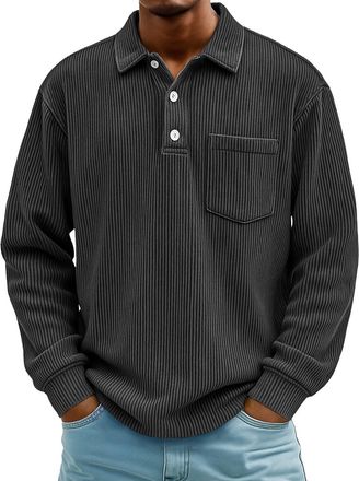 Generic Rugby Shirts for Men Rugby Long Sleeve Polo Shirts for Men Collared Button Up Work Waffle Sweatshirt Fall Winter Thermal Pocket Knit Pullover Black XL