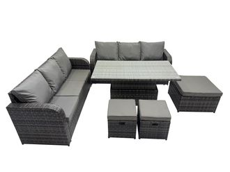 Fimous Rattan Garden Furniture Dining Set 9-seater with 3 Footstools in Dark Grey