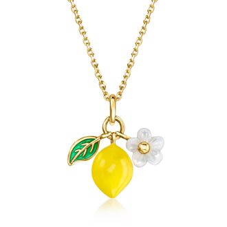RS Pure by Ross-Simons Multicolored Enamel Lemon and Mother-Of-Pearl Flower Charm Necklace in 18kt Gold Over Sterling