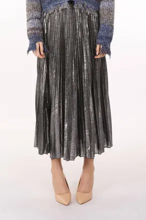 Beulah Metallic Coated Pleat Maxi Skirt In Silver