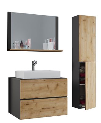 ebuy24 Ebuy24 - Vcm 4 Piezas Lavabo Lavabo Gabinete Inferior Ancho 80 Cm Muebles De Ba&ntilde;o Conjunto Con Cajones Puertas Giratorias Espejo Lendas L (antracita /