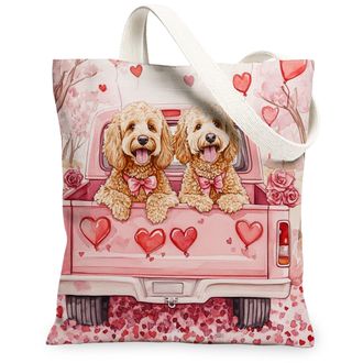 Generic Valentines Day Golden Doodle Dog Canvas Tote Bag for Shopping 13x15, Fun Truck Puppy Reusable Grocery Print Pattern Bag for Women, Couple Beach Aesthe