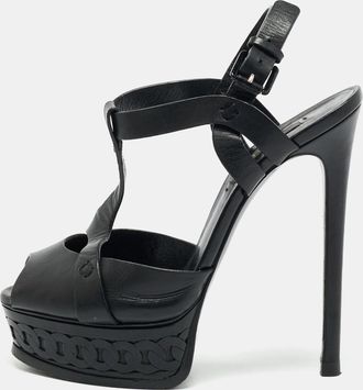 Casadei Black Leather Peep Toe Platform Ankle Strap Sandals