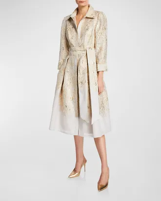 Teri Jon 3/4-Sleeve Burnout Jacquard Shirtdress