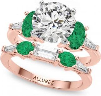 Allurez Round Lab Grown Diamond & Oval Emerald Bridal Set 18K Rose Gold (4.65ct)
