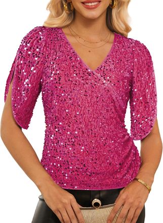 Grace Karin Womens 3/4 Length Sleeve Sequin Tops V Neck Velvet Ruched Blouses 2025 Glitter Trendy Party Outfit, Rose Red, L