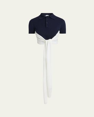 Loewe Colorblock Cropped Backless Wool Cashmere Polo Sweater with Self-Tie
