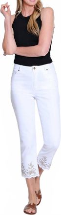 Multiples Zip Front Fringe Hem Crop Jean With Embroidery In White
