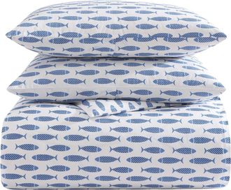 Nautica Woodblock Fish Blue King Duvet Cover Set