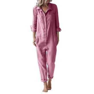 Generic Jogging Womens Suit Set Oversize Jumpsuit Cotton Linen One-Piece V-Neck Romper Baggy Y2K Romper Lightweight Summer Overall Long Sleeve Sleepsuit Baggy