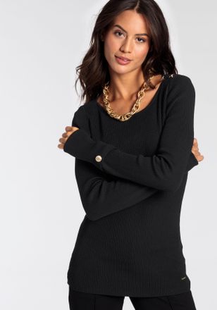 Bruno Banani Strickpullover BRUNO BANANI, Damen, Gr. 40, schwarz, Rippstrick, Obermaterial: 70% Viskose, 30% Polyamid, clean, unifarben, figurbetont h&uuml;ftbedeckend,