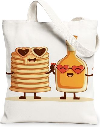 Generic Funny Pancake and Syrup Canvas Tote Bags, Cute Food Pattern Reusable Bags, Summer Playful Lightweight Washable Shoulder Str, White, 13x15 Inch