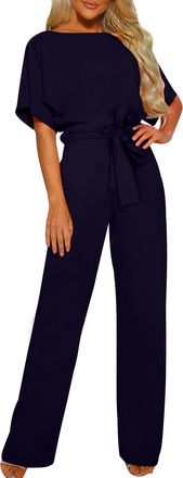 Generic Jumpsuits for Women UK Elegant Party Business Casual Romper Dressy Outfits Short Sleeve Belted Wide Leg Pants Formal Overalls, M