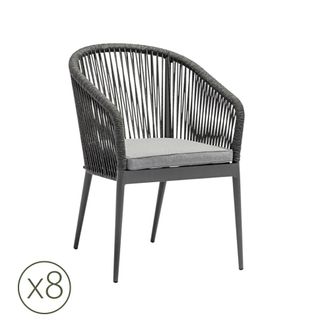 Kerama Pack de 8 sillas de jardin de aluminio antracita y cuerda con coj&iacute;n