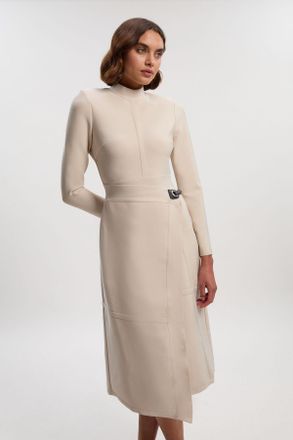 Karen Millen Womens Petite Figure Form Bandage Asymmetric Long Sleeve Knit Midi Dress - Beige - Size X-Small