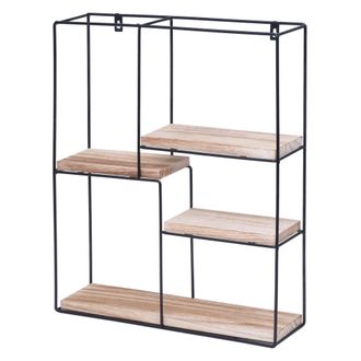 Hhg [nunca Usado] Estante De Pared Hhg-616, Estante Colgante Estante Flotante, 4 Estantes Metal Madera Maciza Industrial 51x40x11cm, Natural