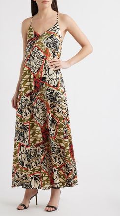 Tahari by ASL Mixed Print Satin Charmeuse Maxi Dress in Black Natural at Nordstrom, Size X-Large