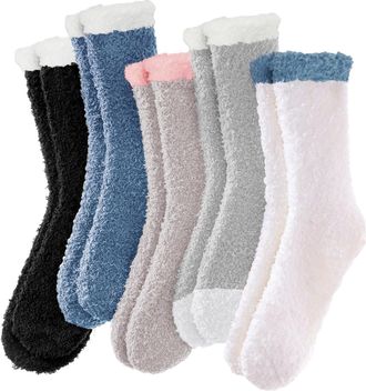 Generic 5 Pairs Fluffy Socks Womens - Soft Cosy Fuzzy Ladies Winter Warm Sleeping Bed Socks for Gifts, UK 4-8 (05-Black/White/Gray/Blue/Camel)