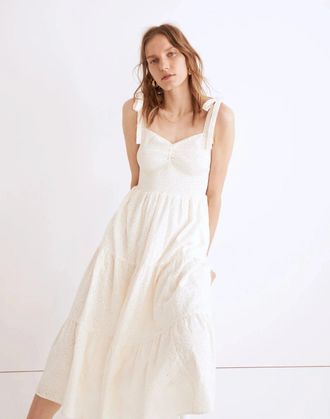 Madewell Plus Eyelet Lucie Dress White Smocked Tie-Strap Tiered JZZ139
