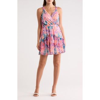 Lovestitch Floral Sleeveless Mesh Minidress in Blush/Teal at Nordstrom Rack, Size Medium