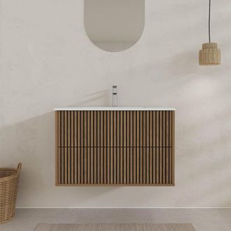 Aurlane Aurlane - Mobile Bagno 120cm - 2 Cassetti Decorazione Rovere e Nero Scanalato - Lavabo Bianco Opaco - yuki