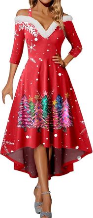 Generic Womens Christmas Dress, Women Dresses Off Shoulder Velvet Dress Womens Xmas Party Dresses for Women UK Plus Size Christmas Fancy Costumes Long Sleeve 