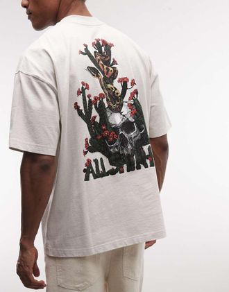 AllSaints Cacti - T-shirt a maniche lunghe bianco sporco con grafica del logo e stampa sul retro