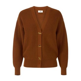 Elisabetta Franchi Truien & Vesten, Dames, Bruin, 2Xl, Gebreide Cardigan met Juwelen Knopen