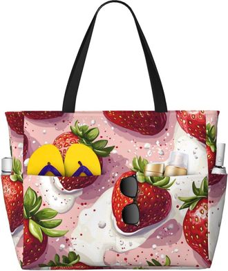 Generic Pink Strawberry Print Large Beach Bag Foldable Travel Shoulder Tote Bag With Pocket For Weekender Pool Vacation