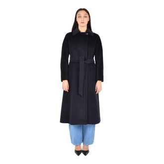 Max Mara Belted Coats, female, Blue, XS, Long Wool Coat