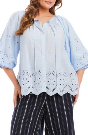 Karen Kane Eyelet Embroidered Cotton Button-Up Top in Blue at Nordstrom, Size 0 X