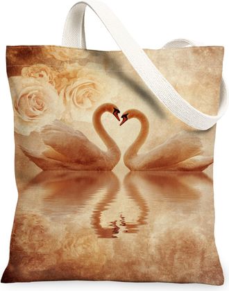 Generic Vintage Elegant Canvas Tote Bags, Swans Floral Pattern Reusable Grocery Bags, Lightweight Washable Shoulder Strap for Trave, Beige, 13x15 Inch