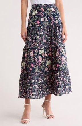 Ellen Tracy Floral Tiered Cotton Challis Skirt in Pink Cottage Floral at Nordstrom Rack, Size X-Large