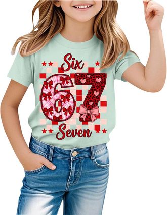 Generic Graphic T-Shirts for Girls UK 67 Six Seven Meme Cute Number Print Cotton Top Short Sleeve Crewneck Funny Tee for School Party Festive Stocking Filler 